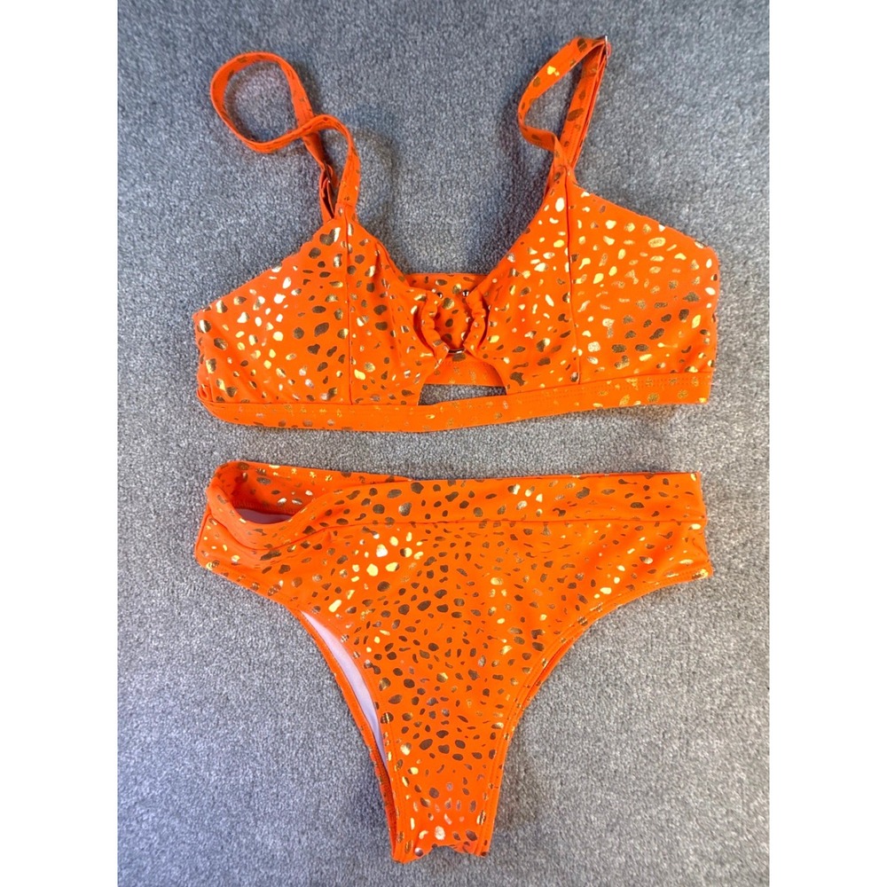 Orange Gold Metallic Cheetah Print High Waisted Bikini Set  Large